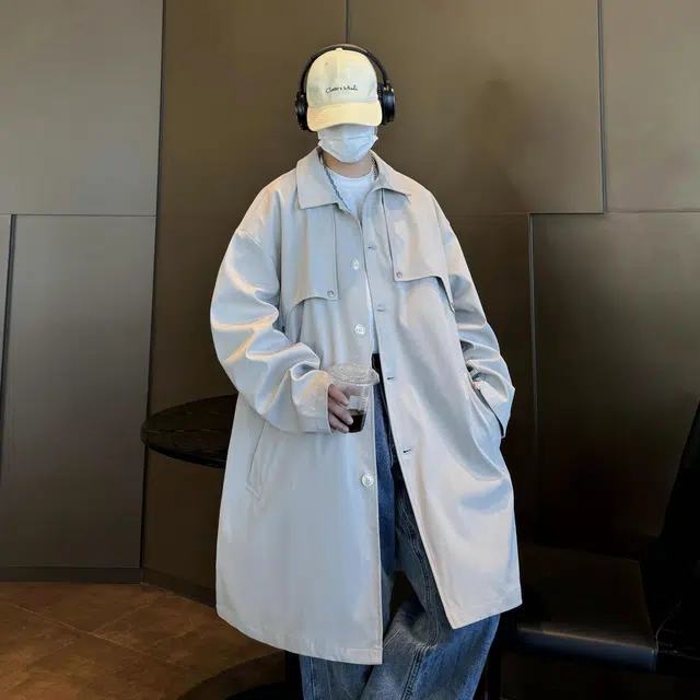 美式高街潮牌英伦时尚纯色简约中长款复古潮流设计感韩系宽松休闲百搭翻领长袖风衣 男女同款