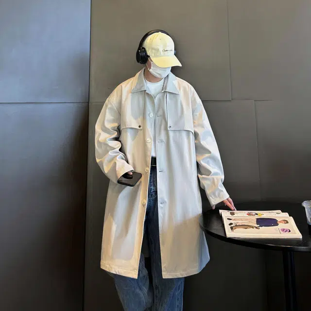 美式高街潮牌英伦时尚纯色简约中长款复古潮流设计感韩系宽松休闲百搭翻领长袖风衣 男女同款