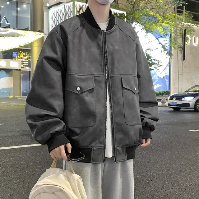 美式高街潮牌复古扎染做旧拼接设计感潮流街头机能工装风宽松大码休闲长袖皮衣 男女同款