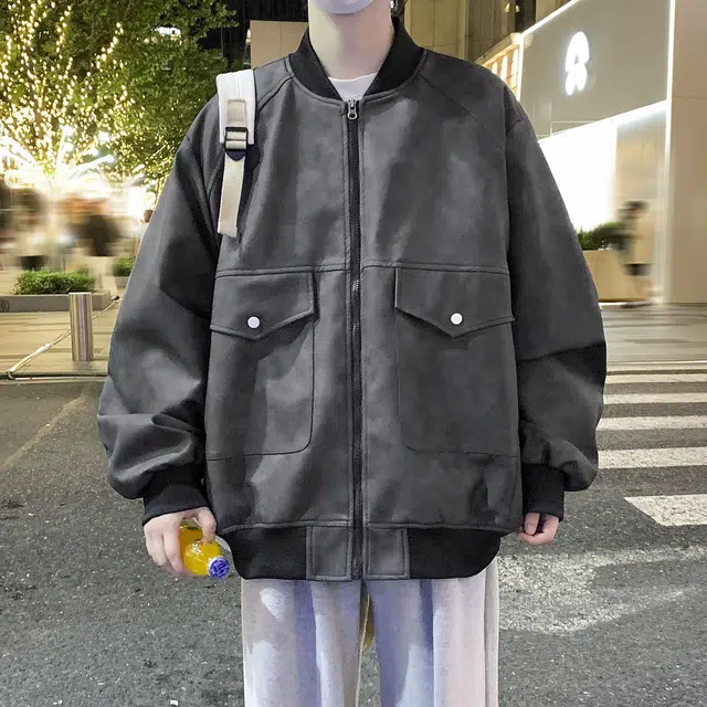 美式高街潮牌复古扎染做旧拼接设计感潮流街头机能工装风宽松大码休闲长袖皮衣 男女同款
