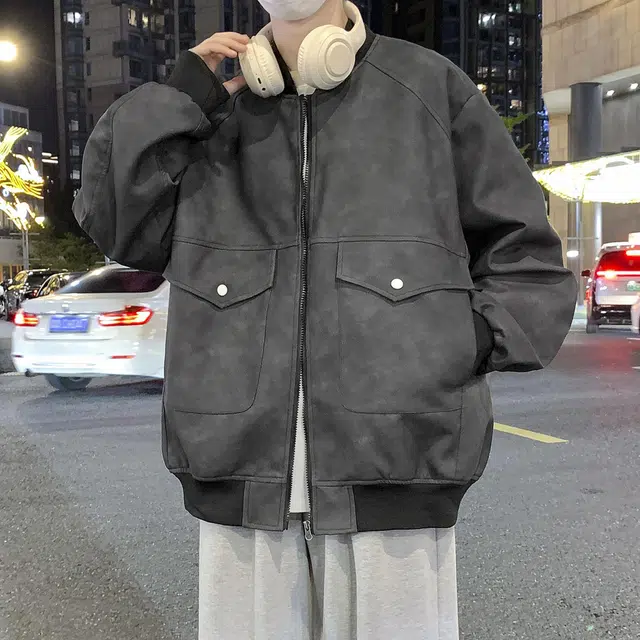 美式高街潮牌复古扎染做旧拼接设计感潮流街头机能工装风宽松大码休闲长袖皮衣 男女同款