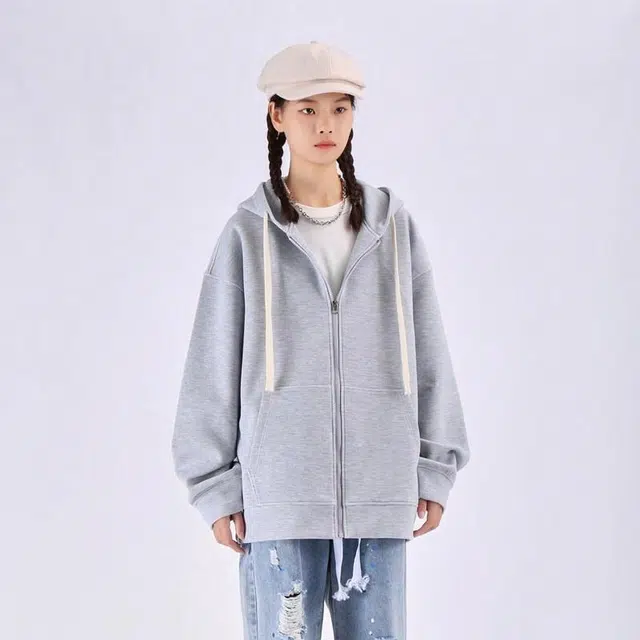 简约纯色拉链宽松百搭落肩袖卫衣 男女同款