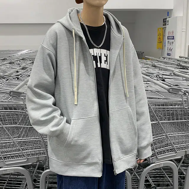 简约纯色拉链宽松百搭落肩袖卫衣 男女同款
