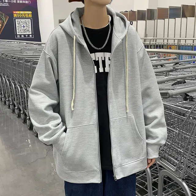 简约纯色拉链宽松百搭落肩袖卫衣 男女同款