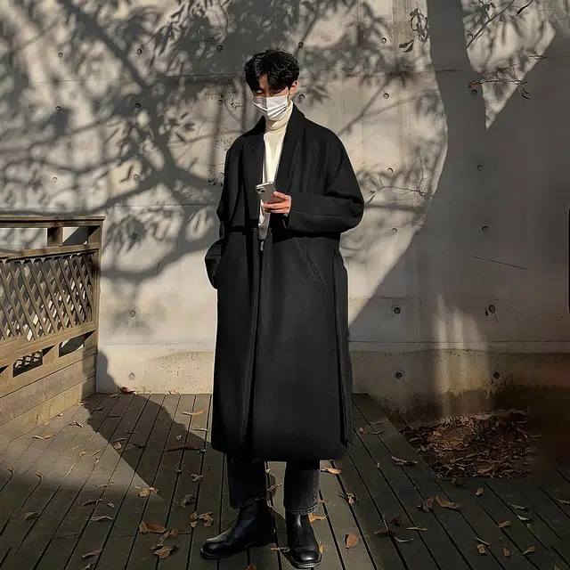 毛呢中长款加厚宽松韩版潮流百搭英伦风纯色过膝大衣 男女同款