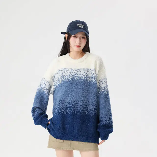 复古简约基础款渐变圆领宽松休闲毛衣 男女同款