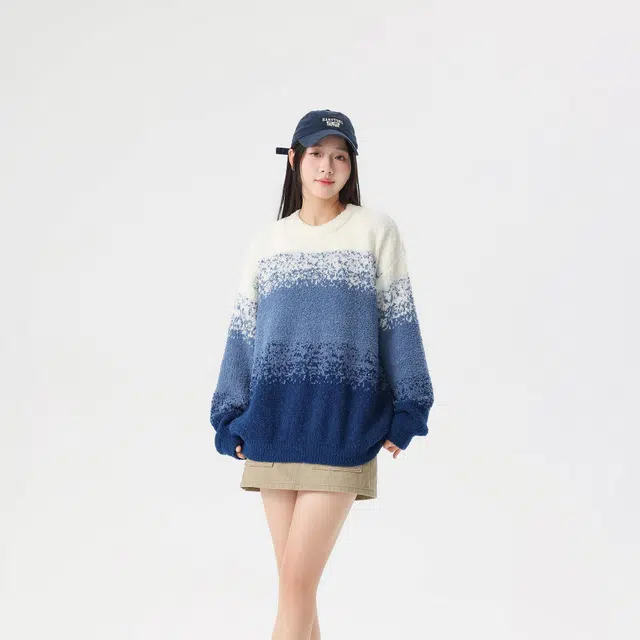 复古简约基础款渐变圆领宽松休闲毛衣 男女同款
