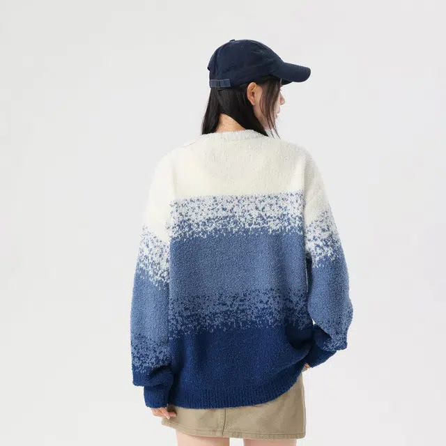 复古简约基础款渐变圆领宽松休闲毛衣 男女同款