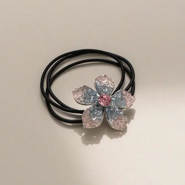 沂茹 精致轻奢小众设计感粉蓝色渐变闪耀气质花朵弹力扎发时尚优雅文艺甜美日常百搭 皮筋 发圈 女款