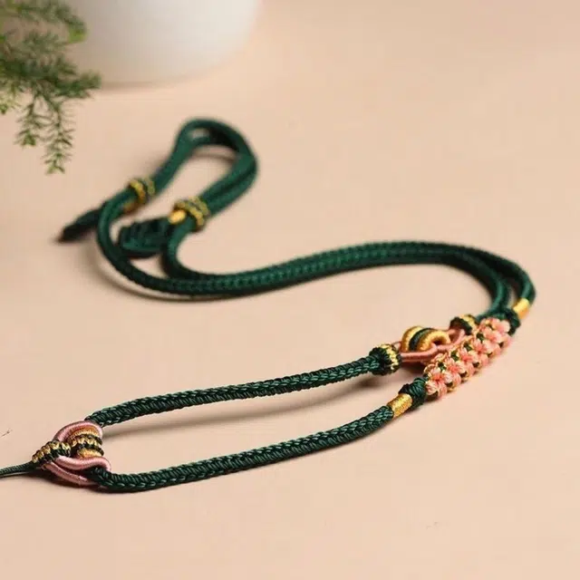 谧月珠宝 新中式国潮简约时尚轻奢精致柔软亲肤墨绿色八股手工编织绳桃花结高端绳长款可调节好运 编绳 项链 男女同款情侣款