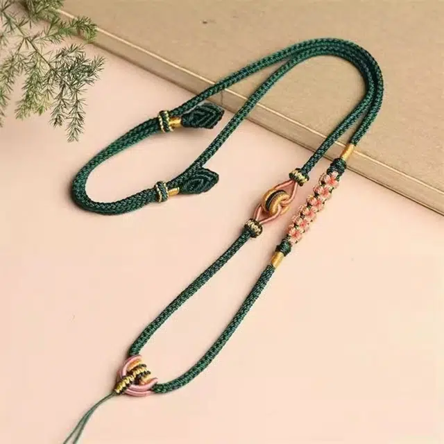 谧月珠宝 新中式国潮简约时尚轻奢精致柔软亲肤墨绿色八股手工编织绳桃花结高端绳长款可调节好运 编绳 项链 男女同款情侣款
