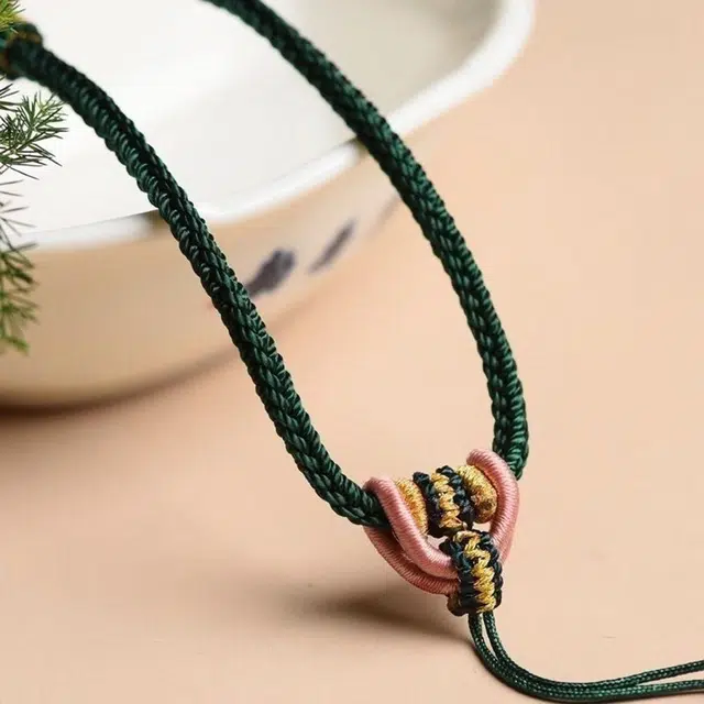 谧月珠宝 新中式国潮简约时尚轻奢精致柔软亲肤墨绿色八股手工编织绳桃花结高端绳长款可调节好运 编绳 项链 男女同款情侣款