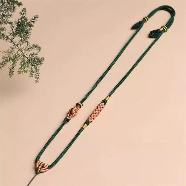 谧月珠宝 新中式国潮简约时尚轻奢精致柔软亲肤墨绿色八股手工编织绳桃花结高端绳长款可调节好运 编绳 项链 男女同款情侣款