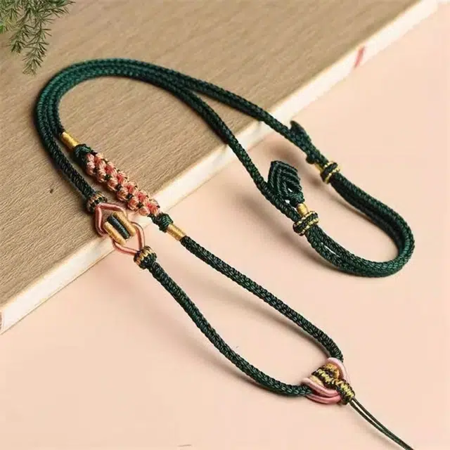 谧月珠宝 新中式国潮简约时尚轻奢精致柔软亲肤墨绿色八股手工编织绳桃花结高端绳长款可调节好运 编绳 项链 男女同款情侣款