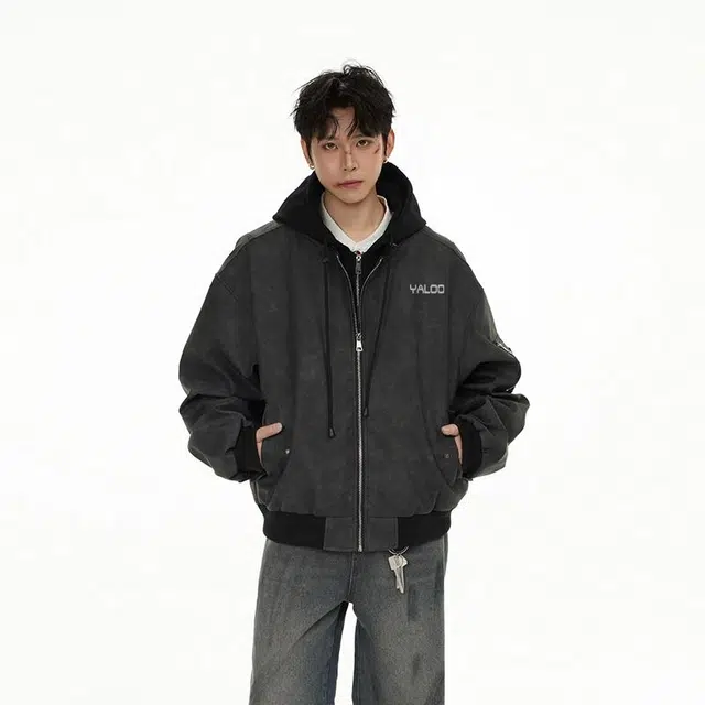 雅鹿 美式复古美拉德百搭简约学院风宽松休闲假两件连帽皮夹克外套 男女同款