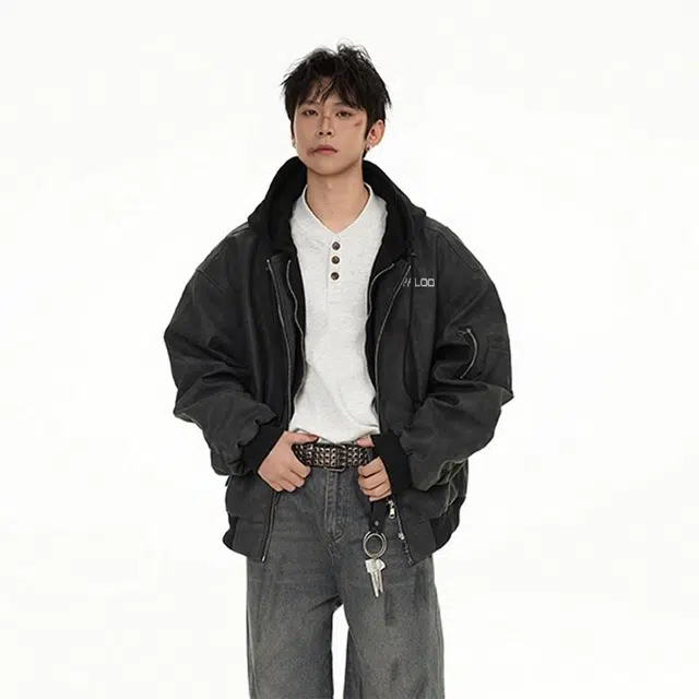 雅鹿 美式复古美拉德百搭简约学院风宽松休闲假两件连帽皮夹克外套 男女同款