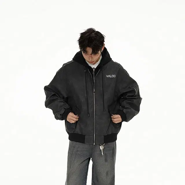 雅鹿 美式复古美拉德百搭简约学院风宽松休闲假两件连帽皮夹克外套 男女同款