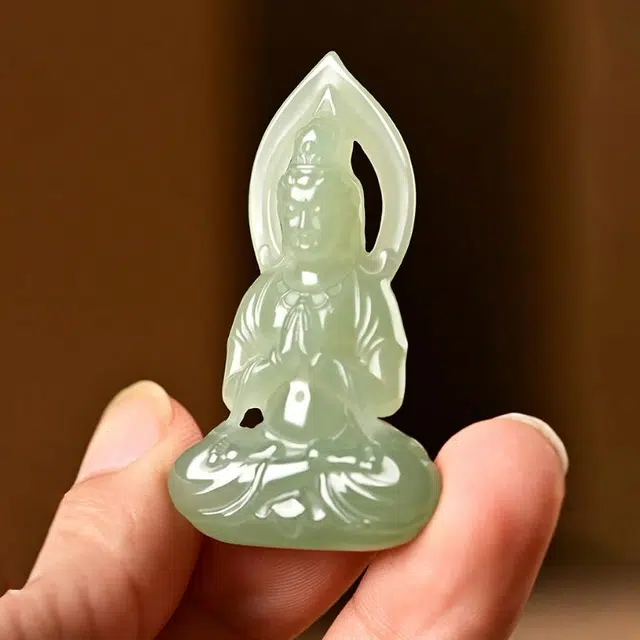 贝诗珠宝 坐莲观音吊坠中式观音菩萨玉挂件精致雕刻好运东方元素吉祥如意中国风 和田玉项链 青白玉 男女同款情侣款