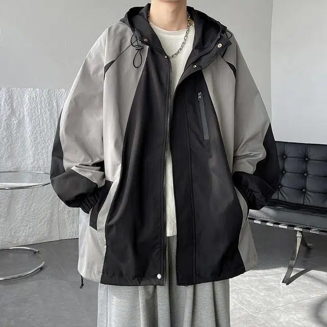 玉儿恋 连帽拼接宽松大码夹克外套 男款