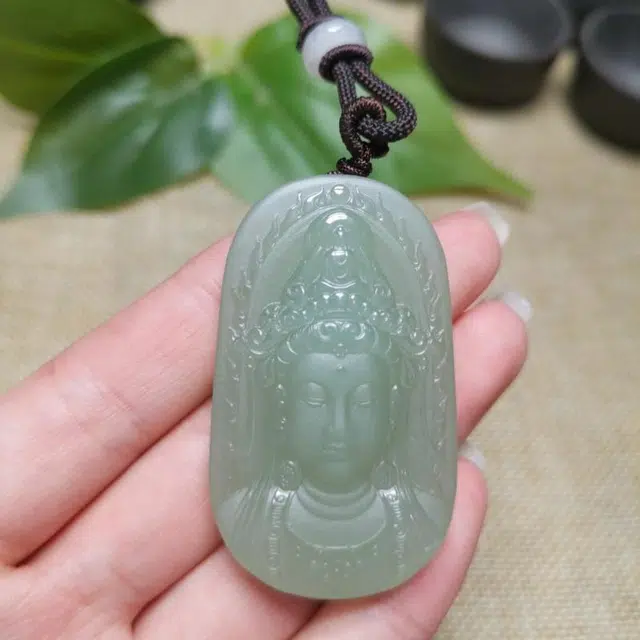 静汝玉 国风简约好运连连吉祥观音头 和田玉项链 青白玉 男女同款情侣款