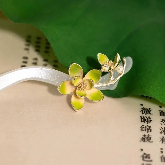沂茹 新中式森系文艺小清新渐变绿色花朵 国潮古风素雅温柔精致日常通勤百搭 板材 发簪 女款