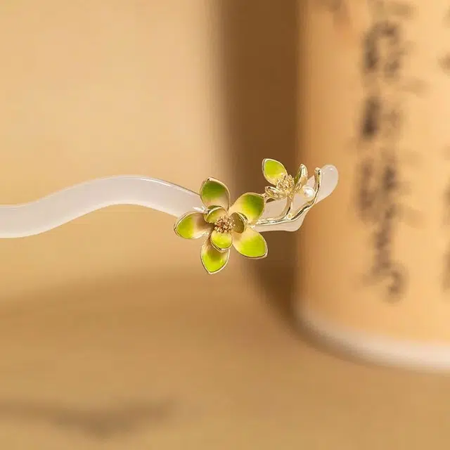 沂茹 新中式森系文艺小清新渐变绿色花朵 国潮古风素雅温柔精致日常通勤百搭 板材 发簪 女款
