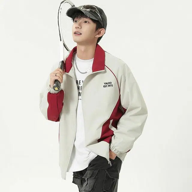 雅鹿 复古撞色拼接学院风百搭宽松休闲户外运动高街翻领教练夹克外套 男女同款