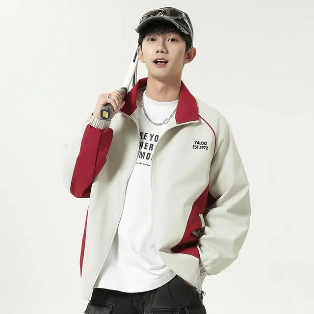 雅鹿 复古撞色拼接学院风百搭宽松休闲户外运动高街翻领教练夹克外套 男女同款