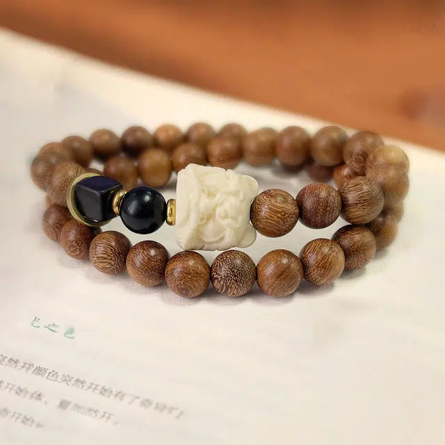 希笛拉 国潮醒狮 时来运转 国风双圈叠戴手饰  诸事顺遂 招财纳福 有钱花新中式文玩盘玩佛珠转运珠 檀木 手串 男女同款情侣款
