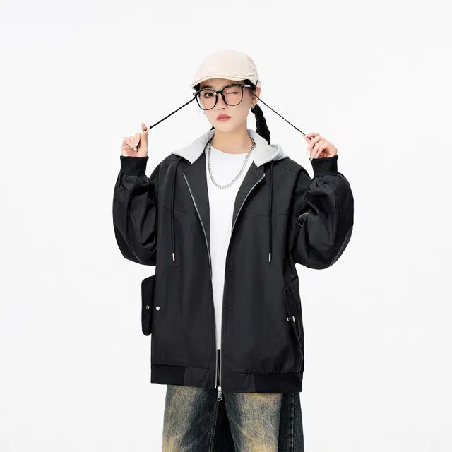 雅鹿 学院风清新假两件连帽双边口袋防风工装宽松舒适通勤休闲夹克外套 男女同款