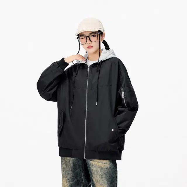 雅鹿 学院风清新假两件连帽双边口袋防风工装宽松舒适通勤休闲夹克外套 男女同款