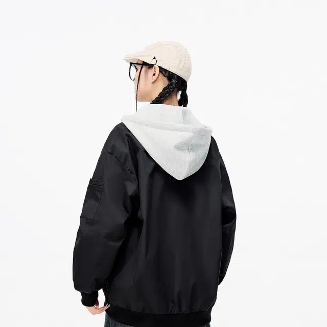 雅鹿 学院风清新假两件连帽双边口袋防风工装宽松舒适通勤休闲夹克外套 男女同款