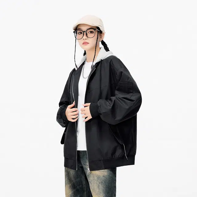 雅鹿 学院风清新假两件连帽双边口袋防风工装宽松舒适通勤休闲夹克外套 男女同款