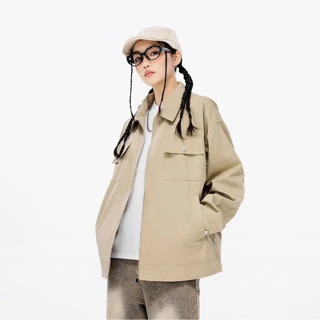 雅鹿 宽松纯色休闲工装飞行员舒适长袖夹克外套 男女同款 卡其色