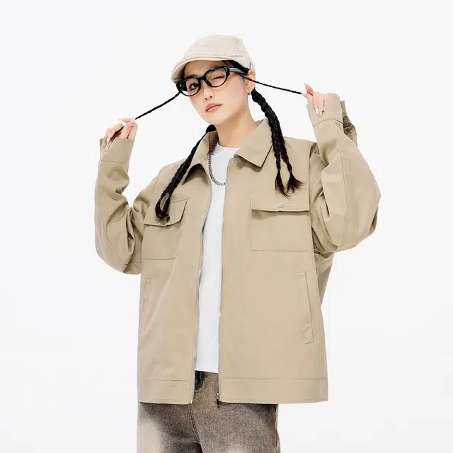 雅鹿 宽松纯色休闲工装飞行员舒适长袖夹克外套 男女同款 卡其色