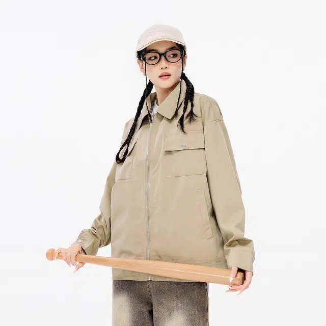 雅鹿 宽松纯色休闲工装飞行员舒适长袖夹克外套 男女同款 卡其色