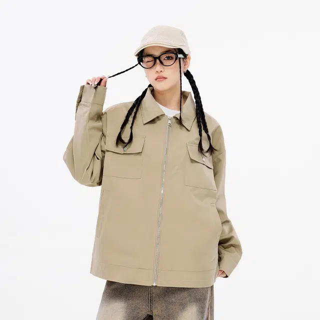 雅鹿 宽松纯色休闲工装飞行员舒适长袖夹克外套 男女同款 卡其色