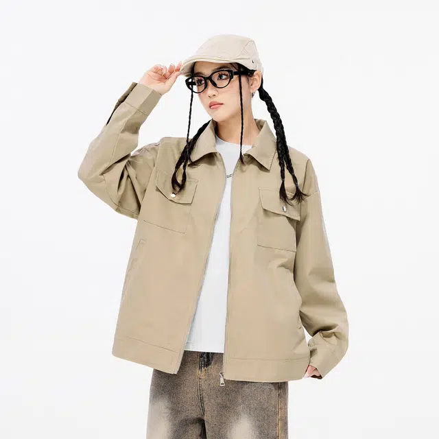 雅鹿 宽松纯色休闲工装飞行员舒适长袖夹克外套 男女同款 卡其色