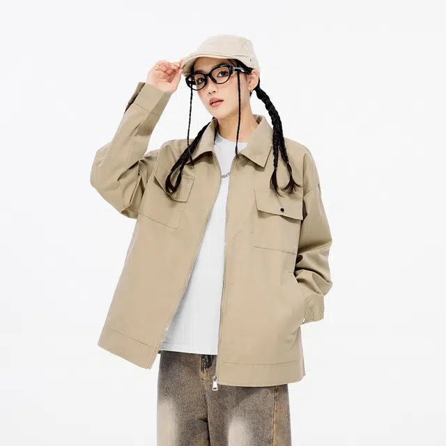 雅鹿 宽松纯色休闲工装飞行员舒适长袖夹克外套 男女同款 卡其色