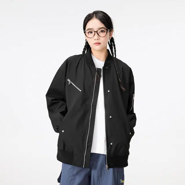 雅鹿 美式高街校园风独特铆钉拉链设计宽松纯色休闲飞行员教练百搭长袖夹克外套 男女同款