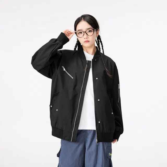 雅鹿 美式高街校园风独特铆钉拉链设计宽松纯色休闲飞行员教练百搭长袖夹克外套 男女同款