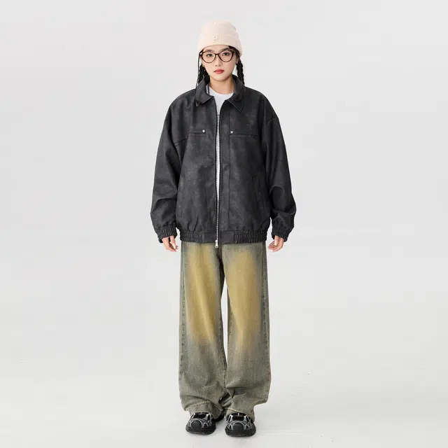 雅鹿 美式纯色铆钉金属拉链设计防风防水保暖舒适百搭宽松夹克外套 男女同款 黑色