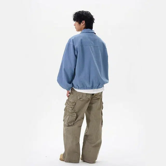 极限涡轮 潮牌重工水洗做旧运动风帆布翻领训练服夹克外套 男女同款