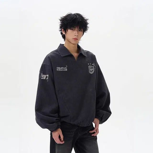 极限涡轮 潮牌重工水洗做旧运动风帆布翻领训练服夹克外套 男女同款