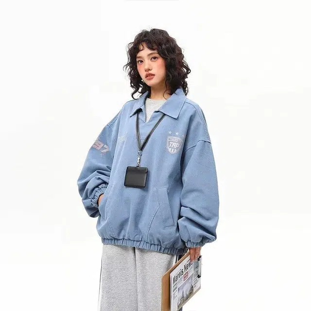 极限涡轮 潮牌重工水洗做旧运动风帆布翻领训练服夹克外套 男女同款