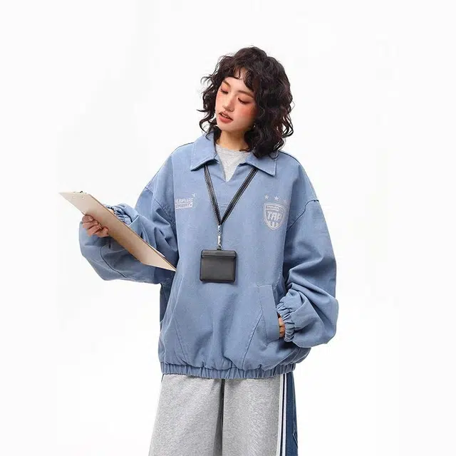 极限涡轮 潮牌重工水洗做旧运动风帆布翻领训练服夹克外套 男女同款