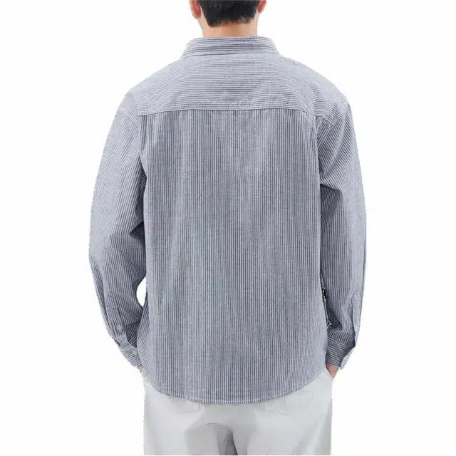 北极绒 美式复古条纹翻领宽松通勤长袖衬衫 男款
