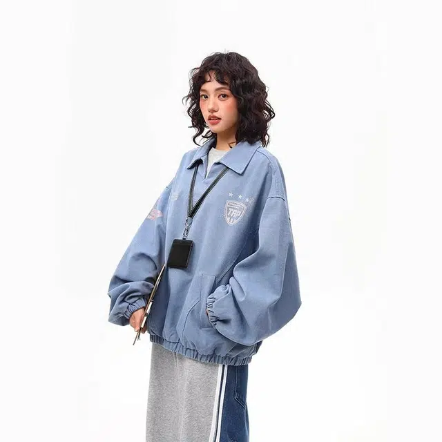 极限涡轮 潮牌重工水洗做旧运动风帆布翻领训练服夹克外套 男女同款