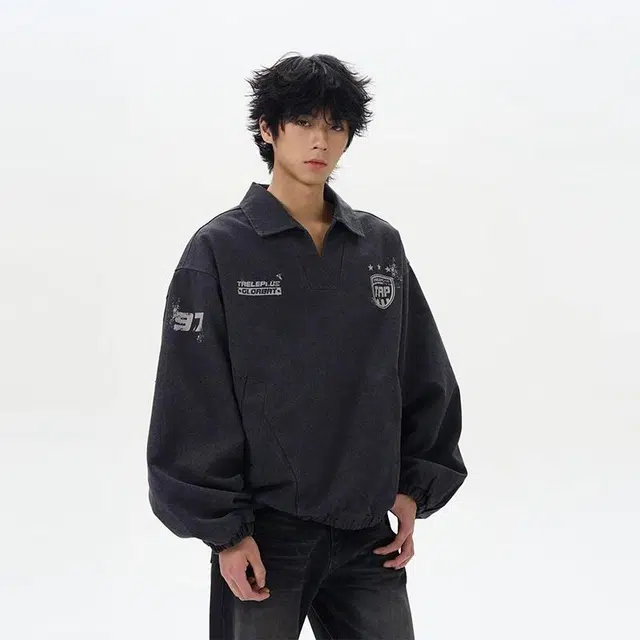 极限涡轮 潮牌重工水洗做旧运动风帆布翻领训练服夹克外套 男女同款