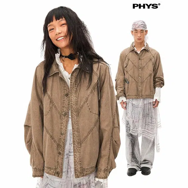 物理少年 舒适时尚简约翻领单排扣长袖牛仔外套 男女同款 浅咖色
